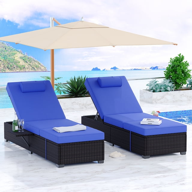 Wicker Chaise Lounge Chairs – Set of 2 Outdoor PE – 78" Long Recliner – 5-Position Adjustable Backrest – Brown Rattan + Sky Blue Cushion – Removable Tabletop – for Pool, Deck & Garden