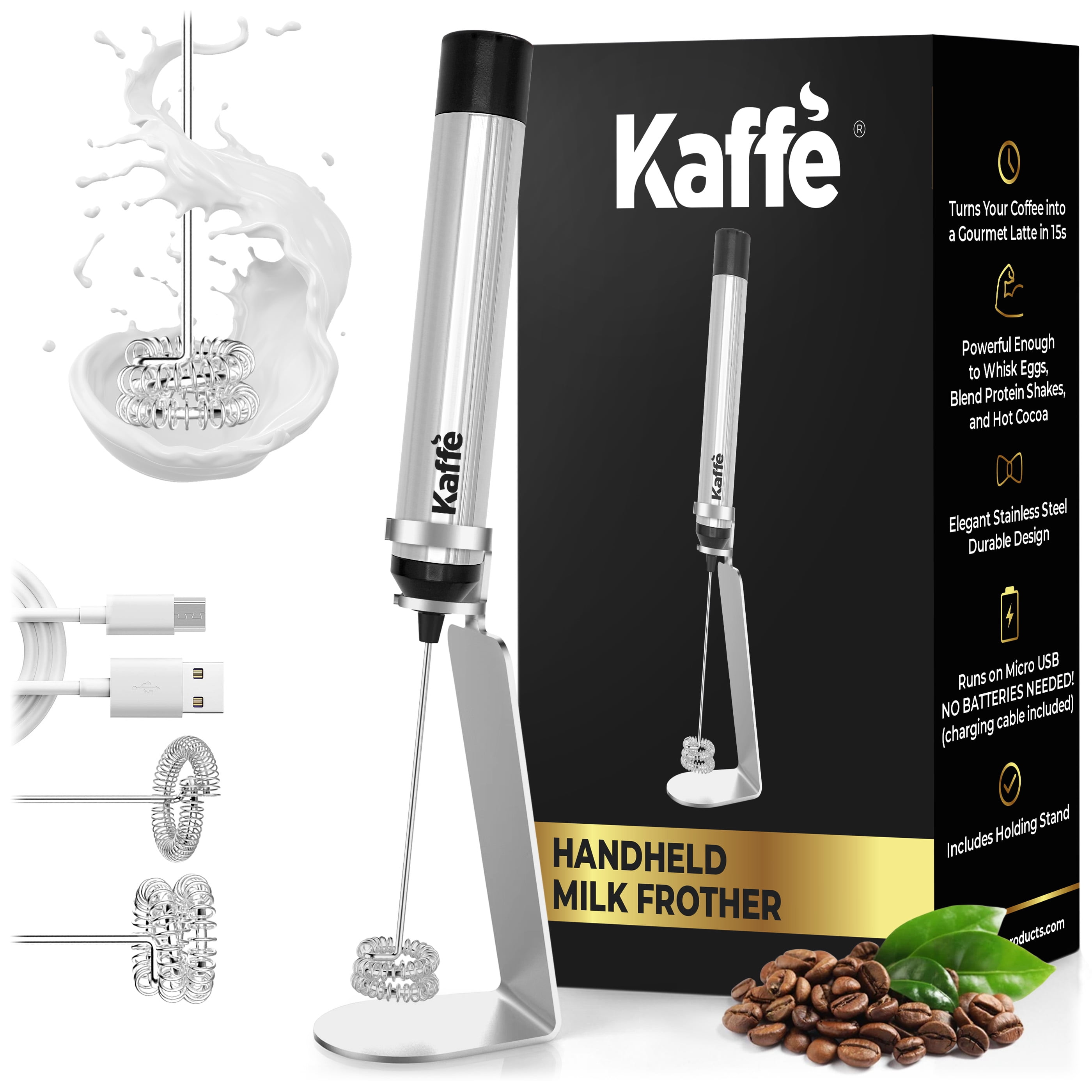 Kaffe Handheld Milk Frother Whisk with Stand. Stainless Steel ProGrade