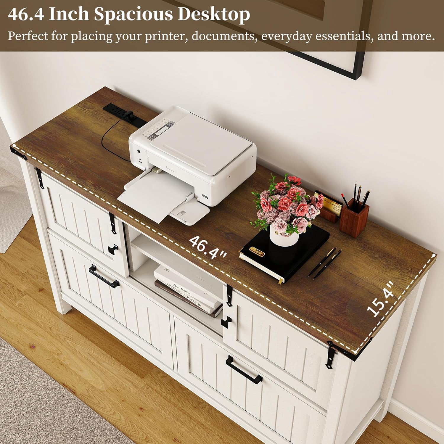 FIAKOA Farmhouse 2-Drawer Lateral File Cabinet,Filing Cabinet with Sliding Doors & Charge Station, Printer Stand Cabinets for Home Office,White