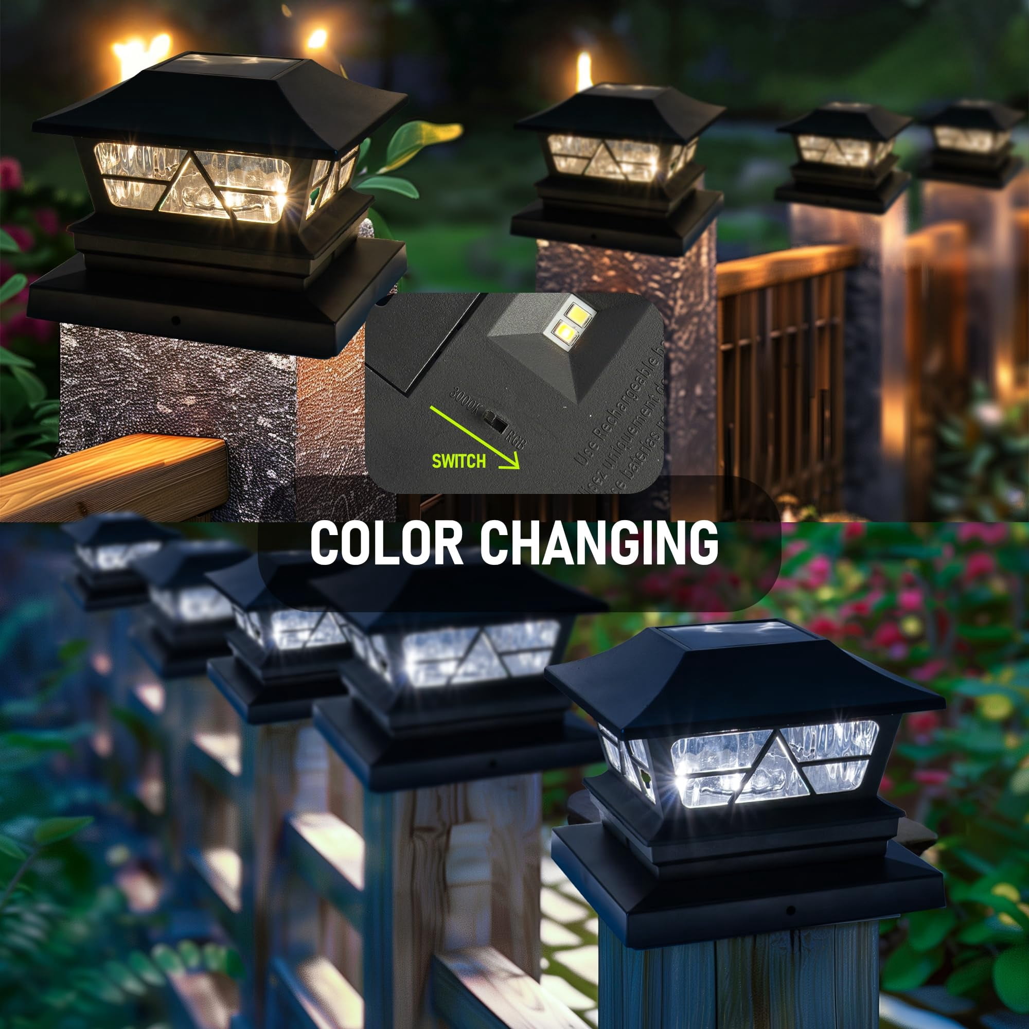 Dazzle Bright 6 Pack Solar Outdoor Fence Post Lights, 2 Modes Post Cap Lights Waterproof Color Changing Warm White/Cool White for Yard, Garden, Porch, Patio Decor, for 4x4 5x5 6x6 Wood Posts