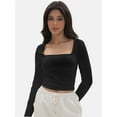 thumbnail image 4 of Women's Square Neck Long Sleeve Crop Top - Slim Fit Basic Blouse T-Shirt, 4 of 6