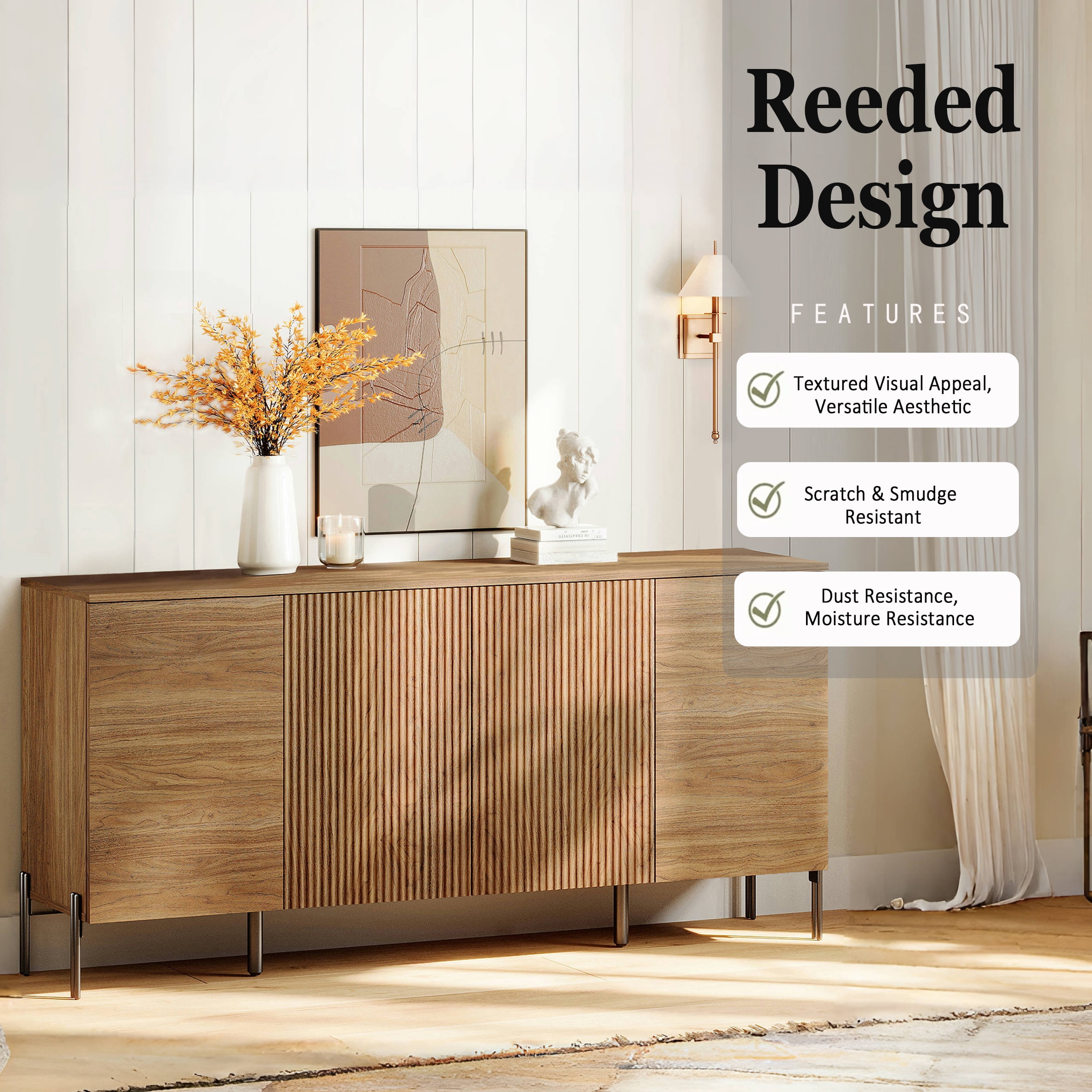 61" Minimalist 4-Door Sideboard With Rectangular Geometric Design And Double Chopstick Leg Base