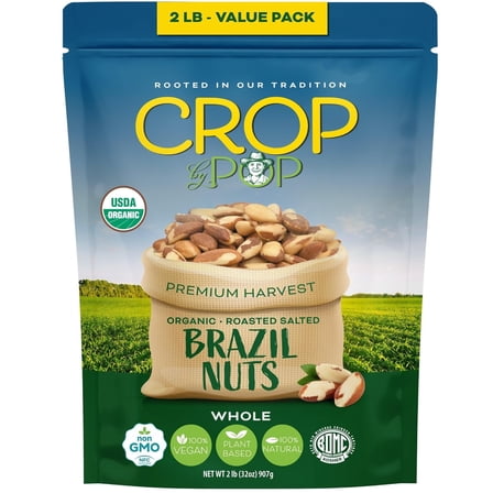CROP BY POP Organic Roasted & Salted Brazil Nuts, 32 oz Resealable Bag, USDA Organic, Non-GMO, Vegan, Kosher