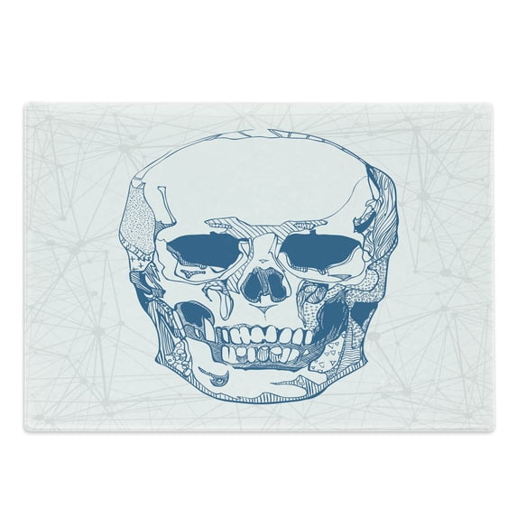 Skull Cutting Board, Hand Drawn Human Skull with Science Elements Background Theme Illustration, Decorative Tempered Glass Cutting and Serving Board, Large Size, Blue White, by Ambesonne