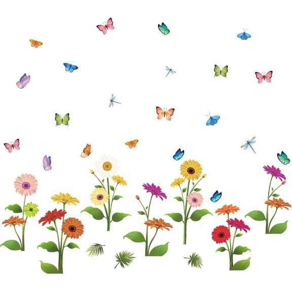 Colorful Butterfly Wall Decals Gerbera Dragonfly Green Plant Wall Stickers Peel and Stick Removable Vinyl Wall Stickers Art Wall Decors for Living Room Bedroom Nursery Classroom