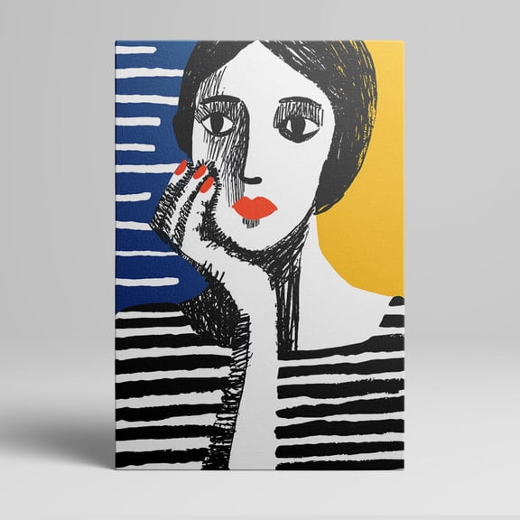 1pc Modern Artistic Sketch - Style Woman Portrait Canvas Wall Art with Bold Colors, Blue and Yellow Background, framed Decor room hanging Wall Picture Decor for Home Gifts, living room, bathroom,