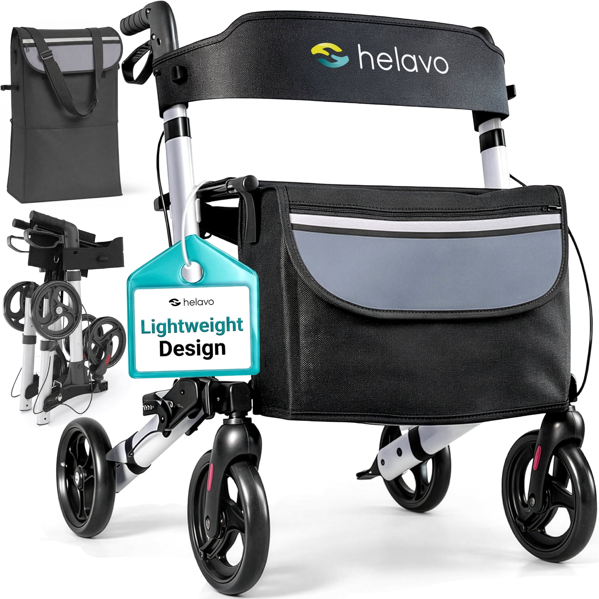 Helavo Foldable Lightweight Rollator Walker with Seat, 360° Swivel Wheels, 300 lb Capacity
