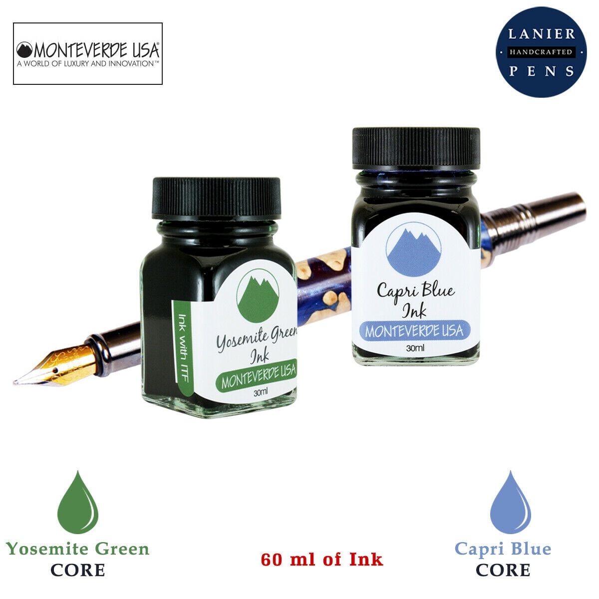 Monteverde 60ml Core Fountain Pen Ink Bottle (30ml Yosemite Green Ink Bottle G309YG, 30ml Capri Blue Ink Bottle G309CB)