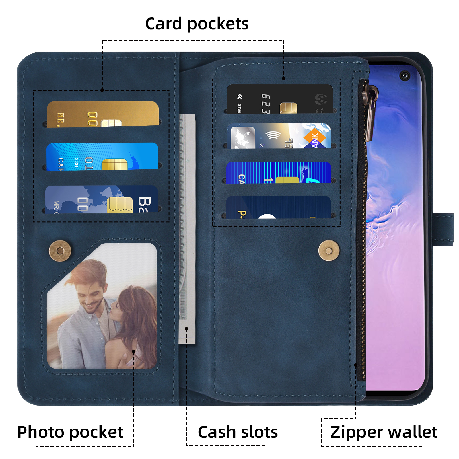 Asuwish Phone Case for Samsung Galaxy S10 Wallet Cover With Tempered Glass Screen Protector Crossbody Wrist Strap Flip Pattern Zipper Credit Card Holder Stand Cell S 10 Edge 10S GS10 X10 Women Blue