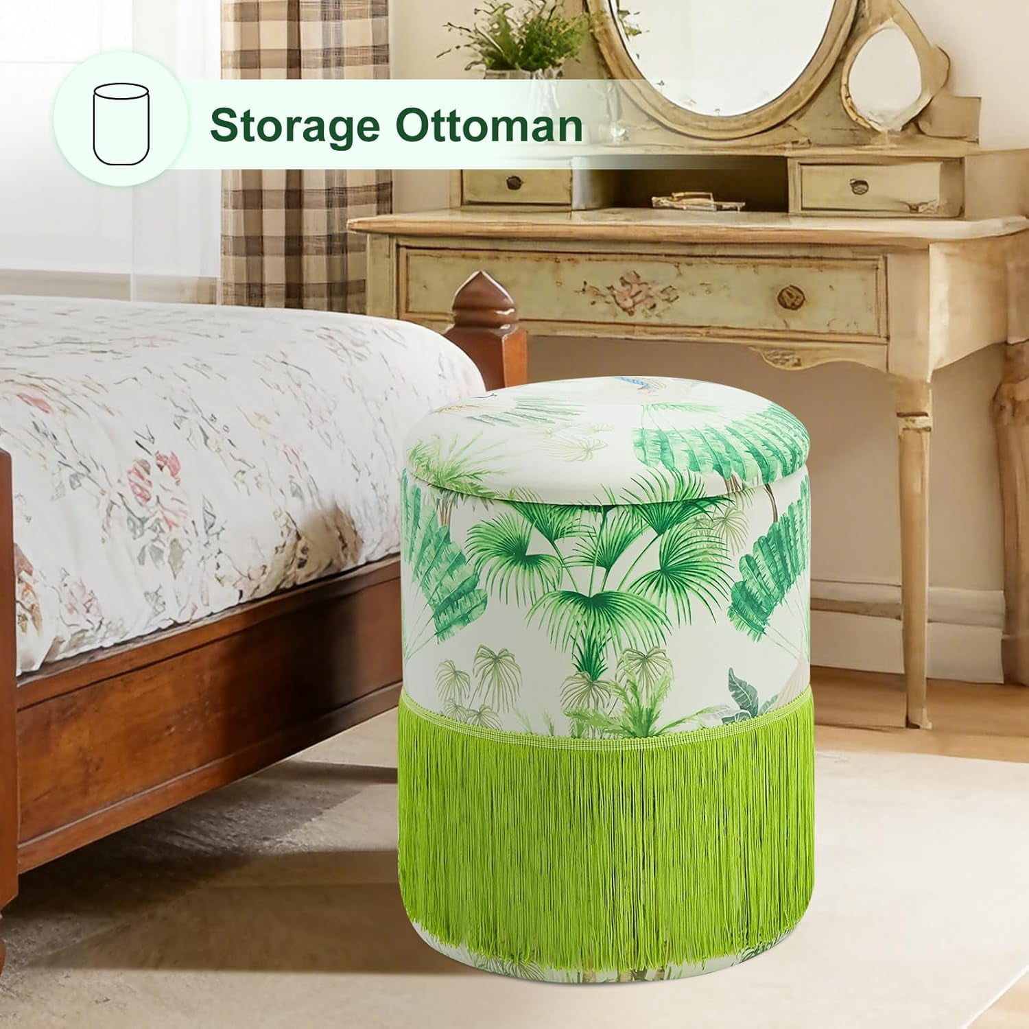 Casa Pura Furniture Round Storage Ottoman Velvet Fringe Upholstered Footrest Stool Green