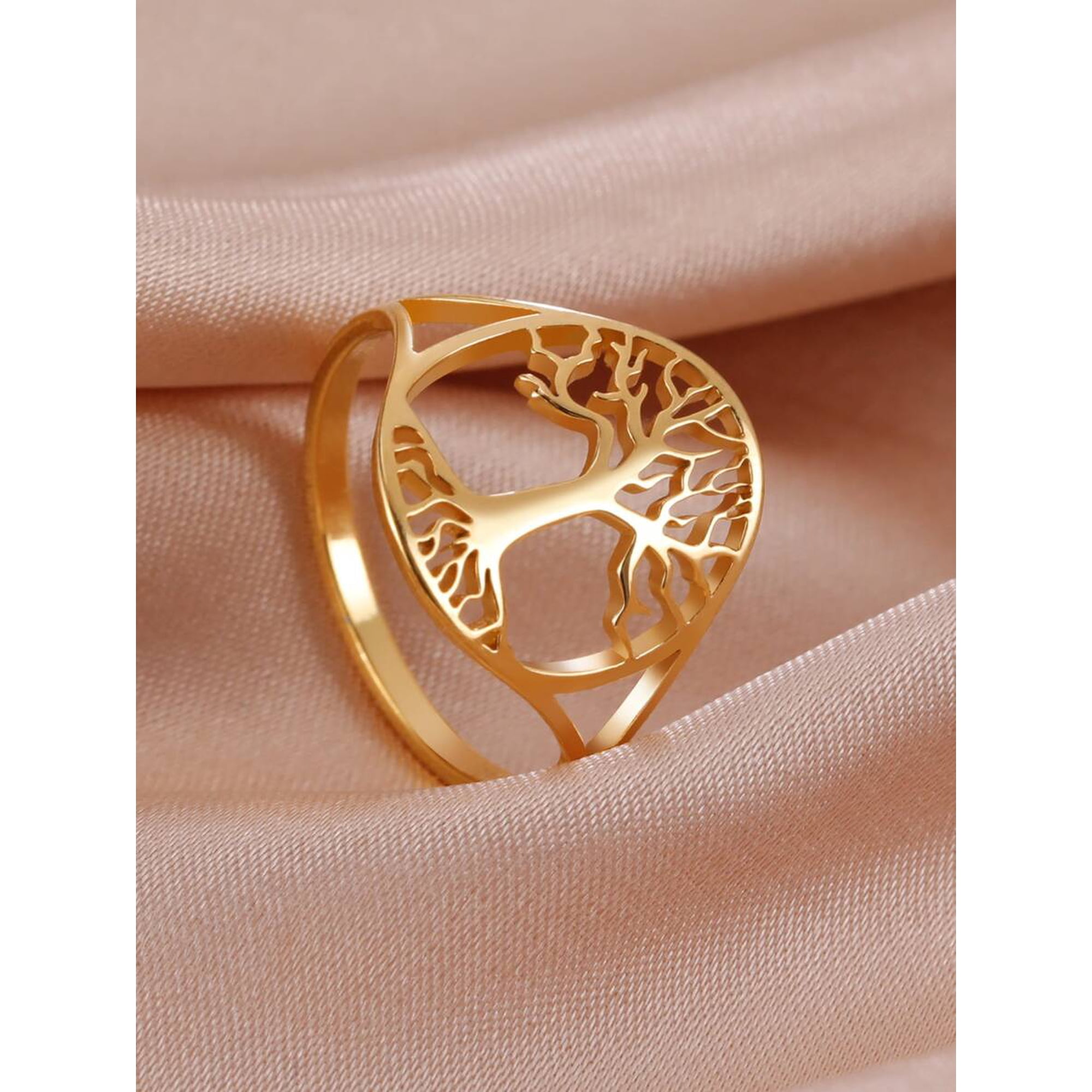 Yellow Gold Stainless Steel Hollow Tree Of Life Ring For Women Talisman Jewelry Gift