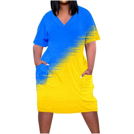 Usdian Graduation Dress V-Neck Short Sleeve Lightweight Fit and Flare Dresses Sundresses Tank Dresse Active Printed for Traveling Yellow XXXXL Womens Summer Dresses Clearance Sale