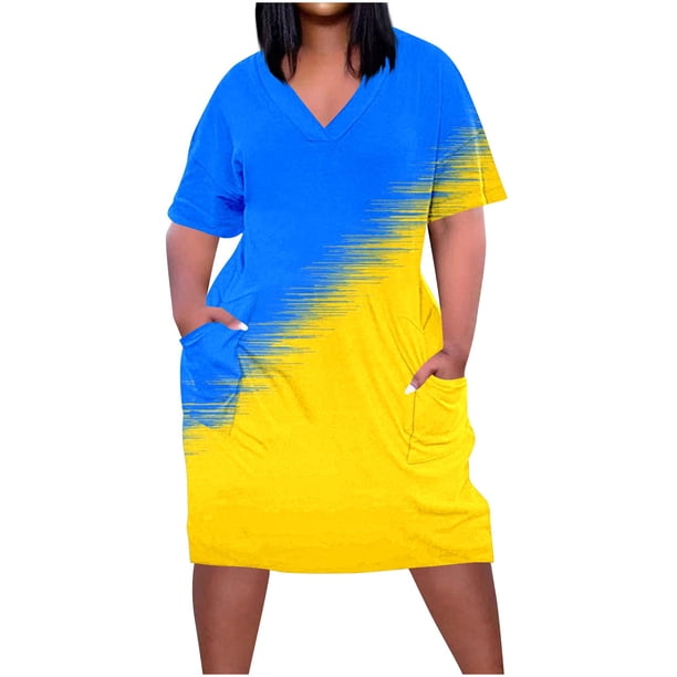 Vestido Corto de Verano Moda Grande Impresión de Manga Corta Cuello en V Bolsillo Mini Vestido para Casual Y Diario