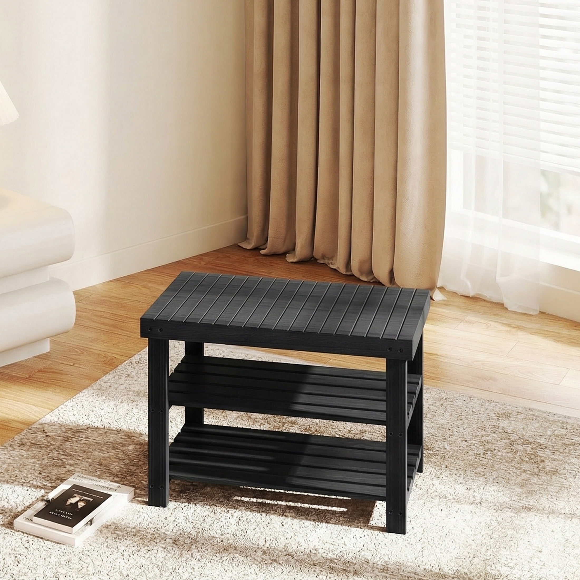 EDX 3 Tier Bamboo Shoe Rack Bench, 11.3'' x 27.6'' x 18'' Storage Seat Organizer with 286lb Capacity for Entryway,  Bedroom and Living Room,  Black