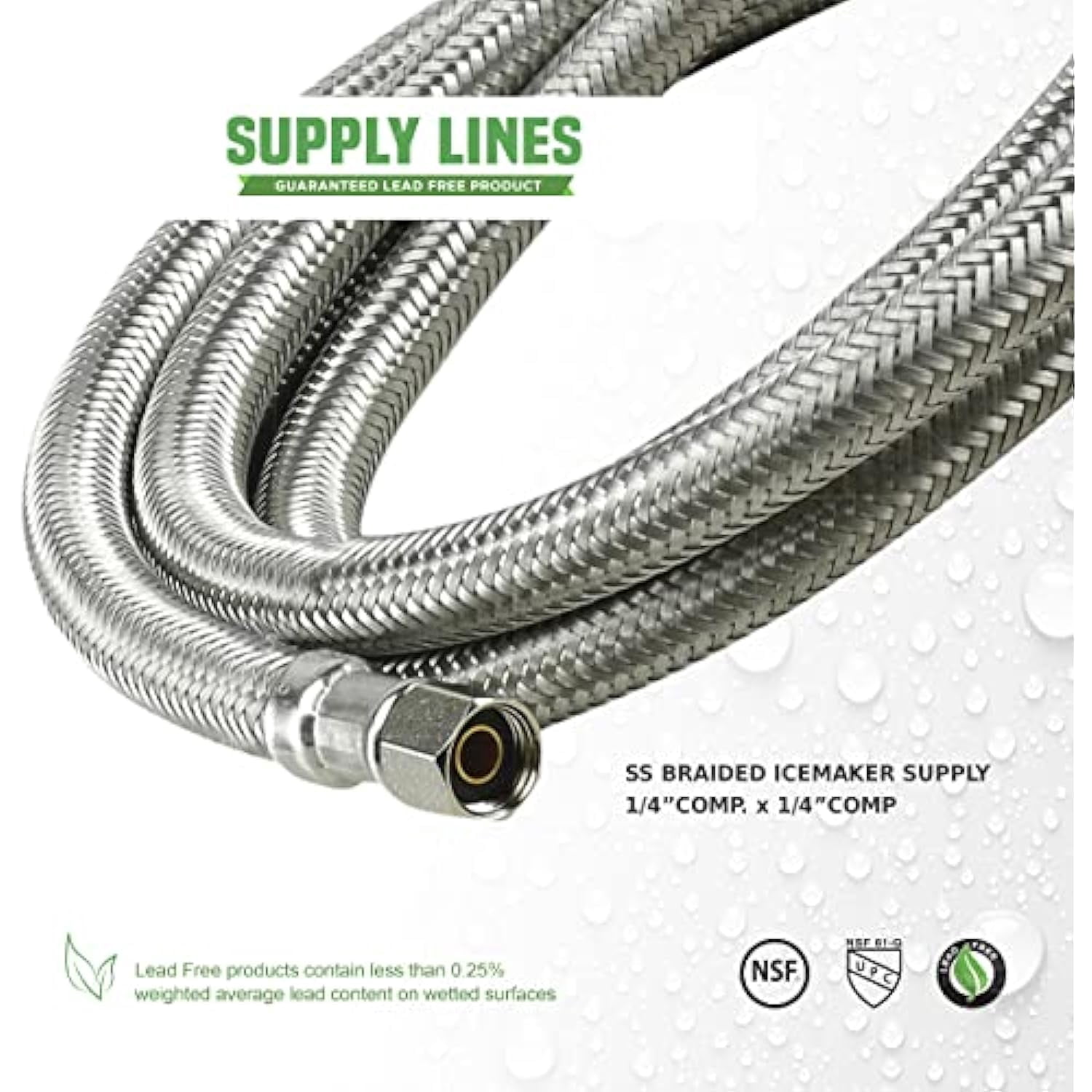 Stainless Steel Braided Icemaker Supply 1/4" Comp x 1/4" Comp, UPC/NSF, Lead Free, 300"