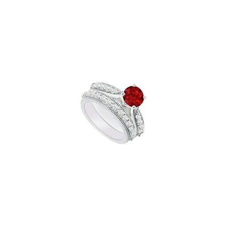 Ruby Gold Wedding Bands - 14K White Gold Created Ruby and Cubic Zirconia Engagement Ring with Wedding Band Set 1.15 CT TGW