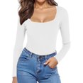 thumbnail image 1 of Women Square Neck Knit Elasticity Stretchable Long Sleeve Slim Sweater Tops White Large, 1 of 1