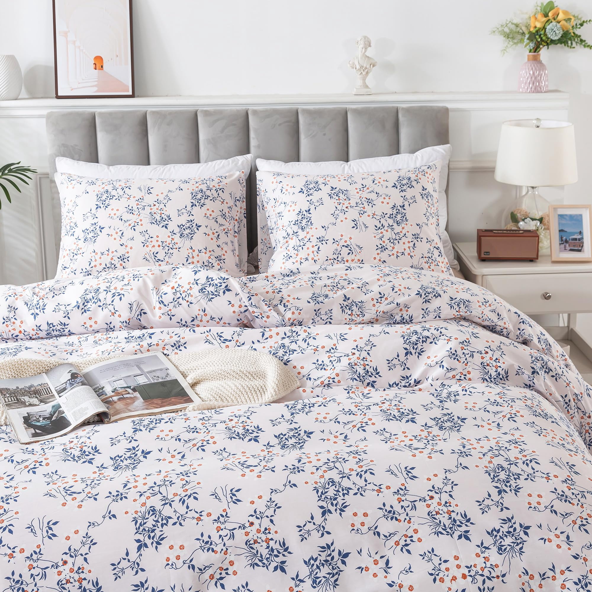 HoneiLife 3pc Duvet Cover Queen Size - 100% Cotton Comforter Floral Breathable Duvet Cover with Zipper Closure & Corner Ties, Blue Leaves