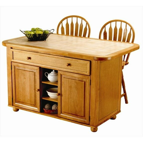 Sunset Trading Light Oak Finish Kitchen Island with Beige Khaki Tile Top