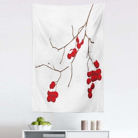Rowan Tapestry, Branch of Plant Covered Snow Winter Season Christmas Tree Pattern, Fabric Wall Hanging Decor for Bedroom Living Room Dorm, 5 Sizes, Red White Umber, by Ambesonne