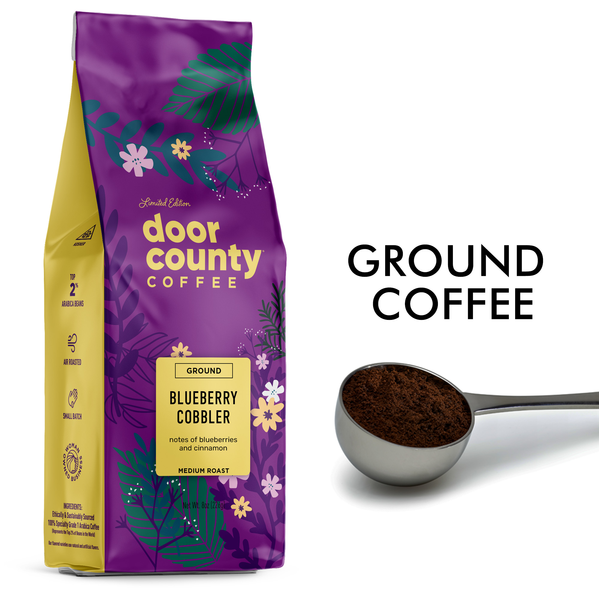 Door County Coffee Blueberry Cobbler Flavored Specialty Arabica Coffee, Medium Roast, Ground, 8oz Bag (Spring & Summer Limited Edition)