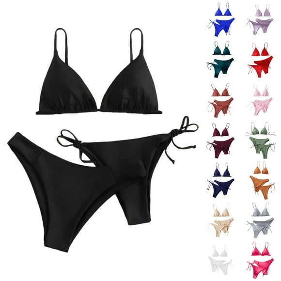 QIUOMBBP Women's 3 Piece String Bikini Set Triangle Tie Side Solid High Cut Swimsuit Bathing Suit for Water Sport White S