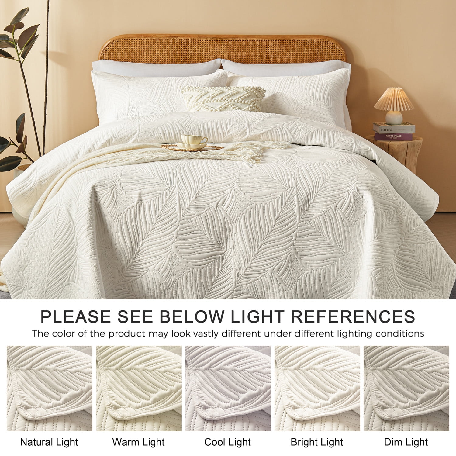 Davulos 3 Pieces Queen Quilt Bedding Set Soft Lightweight Beige Bedspread with Leaf Pattern,Microfiber Bed Coverlet Full Size for All Season