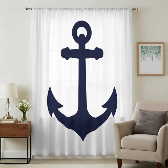 Nautical Anchor Sheer Curtains 84 Inches Long, Farmhouse Minimalist White Abstract Art Light Filering Curtains, Breathable Simi Curtain Privacy Drapes for Living Room Bedroom Window Treatment