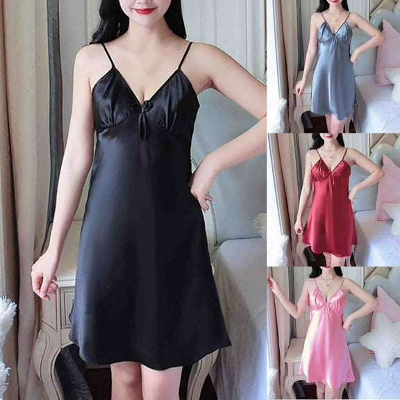 Feancey Satin Silk Nightgown for Women Tie Bow V Neck Spaghetti Strap Cami Nightdress Solid Color Casual Sleep Dress Soft Loungewear Summer Sales Black M