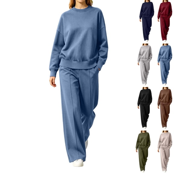 Ashirexll 2 Piece Sets for Women Long Sleeve Round Neck Top with Wide Leg Pants Pocket Casual Outdoor Loose Set
