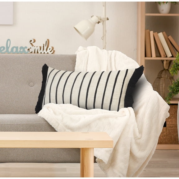 Ox Bay 12" x 24" Hand-Woven White/ Black Stripe Organic Cotton Pillow Cover