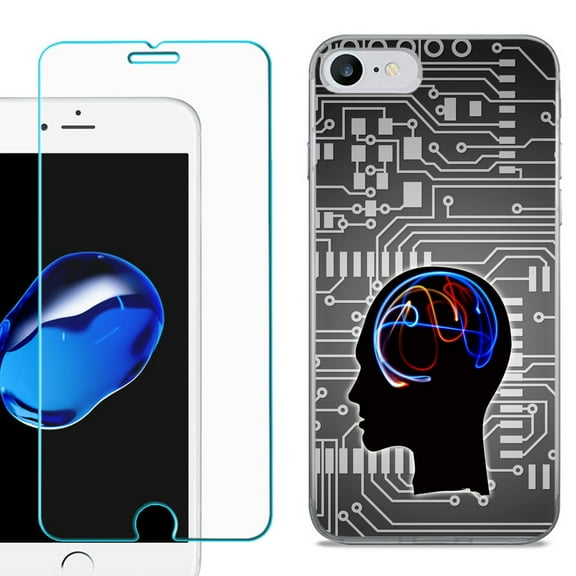 For Apple iPhone SE 2020 Case, Slim-Fit TPU Phone Case, with Tempered Glass Screen Protector, by OneToughShield ® - Electric Brain