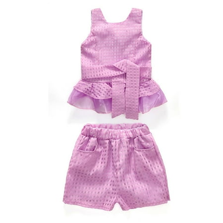 

Fesfesfes Kids Baby Girl Korean Solid Sleeveless Bowknot Belt Tank Tops Short Outfits