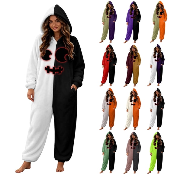 Halloween Onesie Adult Pumpkin Novelty Cute Hooded Jumpsuit, Long Sleeve Flannel Stretchy Loungewear, Adult Sleepwear Outfit for Halloween Party