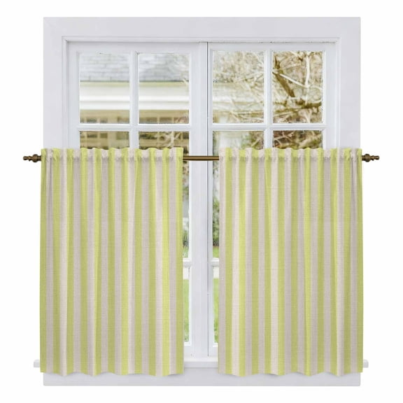 Yellow Striped Tier Curtains, Modern Simple Farmhouse Beige Vintage Light Filtering Kitchen Curtains, 2Pcs Rod Pocket Half Window Treatments Panels for Sink Cafe Cabinet Basement 27.5x45 Inches