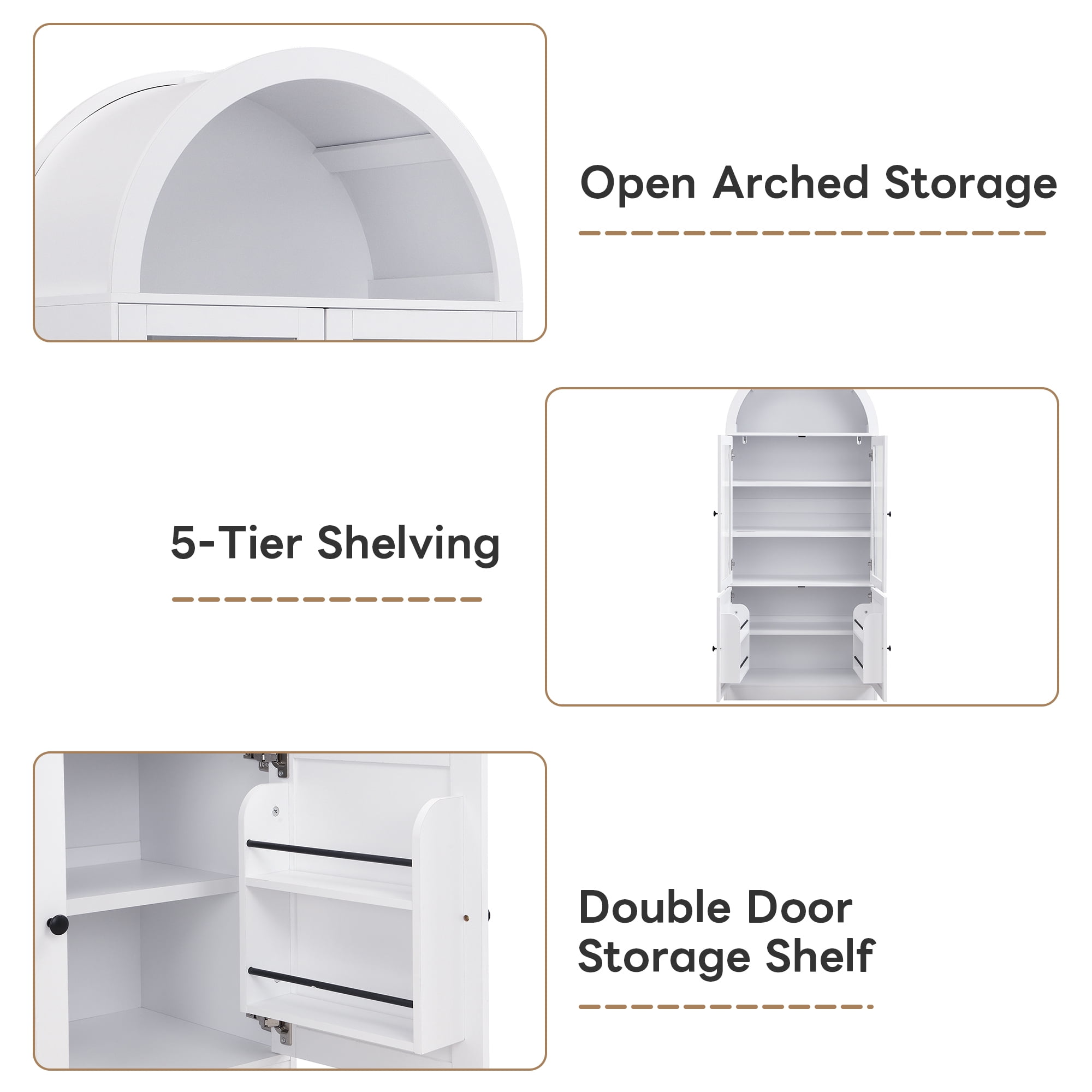 Euroco Arched Kitchen Pantry Storage Cabinet,71" Tall Wood Arched Cabinet with Glass Door,Door Organizer and Open Shelf, Freestanding Display Cabinet for Bathroom,Kitchen & Living Room,White