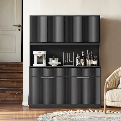 71" Tall Kitchen Pantry Cabinet with Power Outlet and Open Countertop, Modern Multi-Functional Storage Hutch Cabinet for Dining Room, Entryway and Living Room, Black
