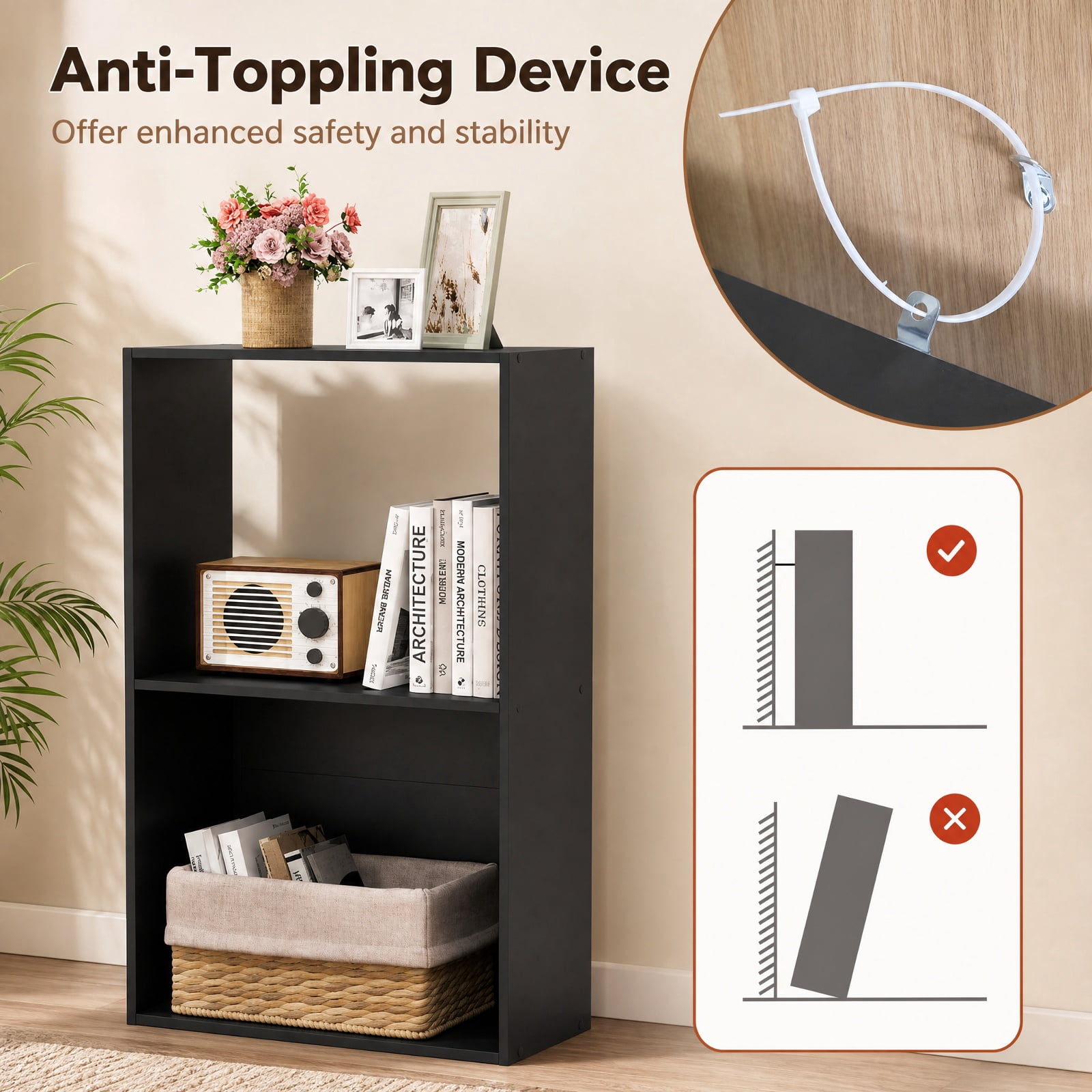 Furnibear Set of 2 3-Tier Freestanding Bookshelf with Open Storage Compartment and Display Shelf for Home Office and Study, Black