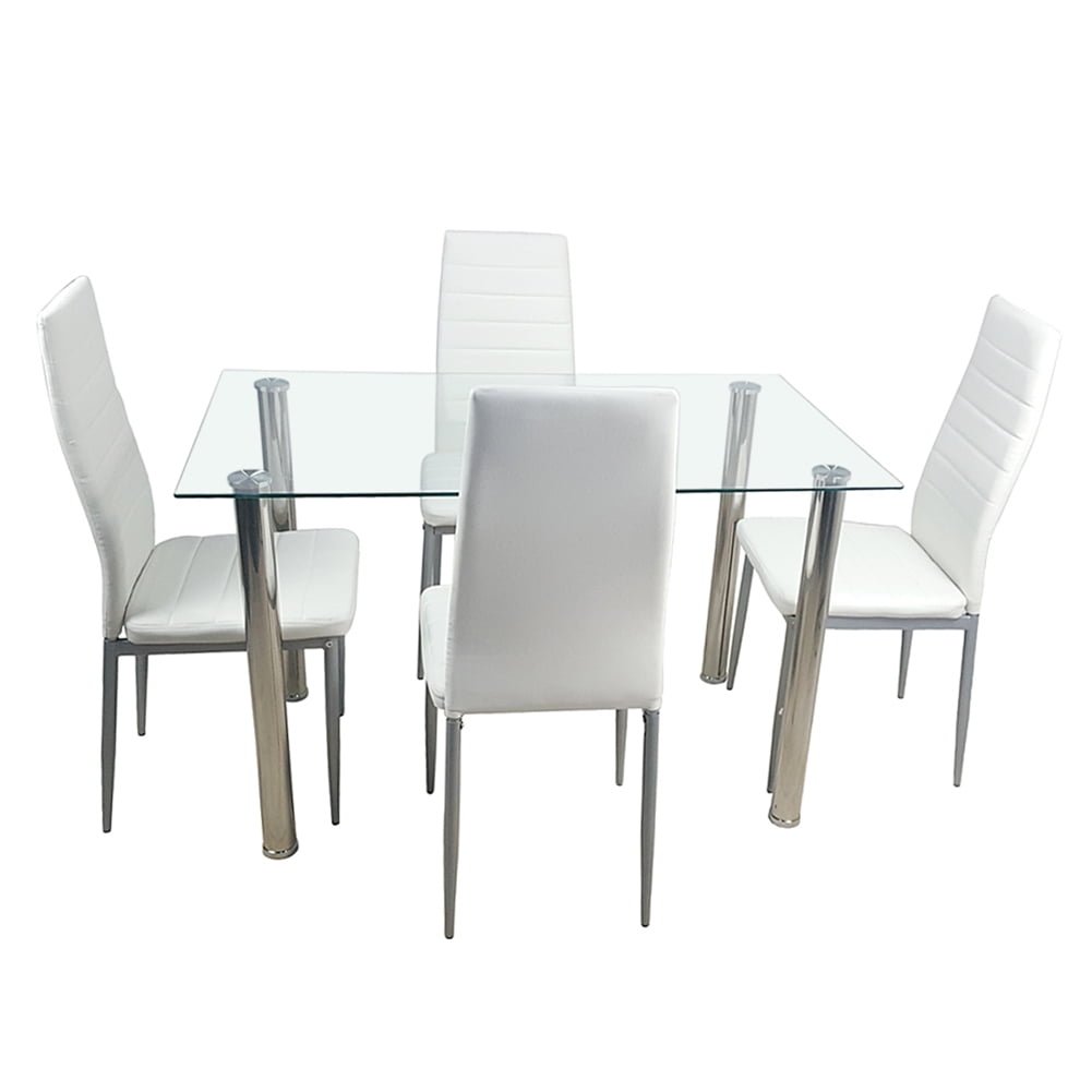 Kadyn 5 PC Dining Set, Stainless Steel Dining Table with 4 Chairs, Dining Table Set for Kitchen, Transparent