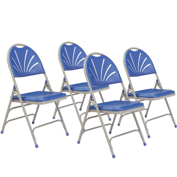 Pemberly Row 34.5" Deluxe Fan Back Metal Folding Chair in Blue (Set of 4)