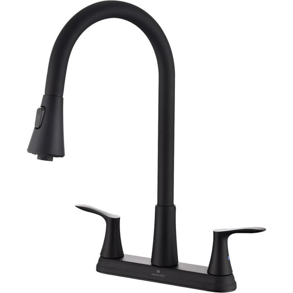 2 Handles Kitchen Faucet with Pull Down Sprayer for 3 Hole Sink, 8 inch 360? Rotating Spout Centerset Kitchen Sink Faucet with Water Lines Matte Black