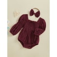 thumbnail image 5 of Miaouyo Infant Baby Girls Spring Fall Romper 0 3 6 12 18 Months Long Sleeve Square Neck Solid Color Romper with Headband, 5 of 9