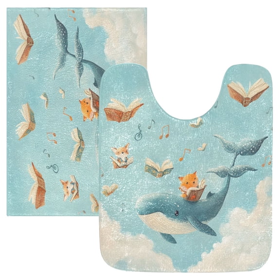 2 Piece Soft Bathroom Rug Set Fox and Whale Carrying Books Bath Mat and U-Shaped Toilet Contour Rug (16"x24" 20"x24")