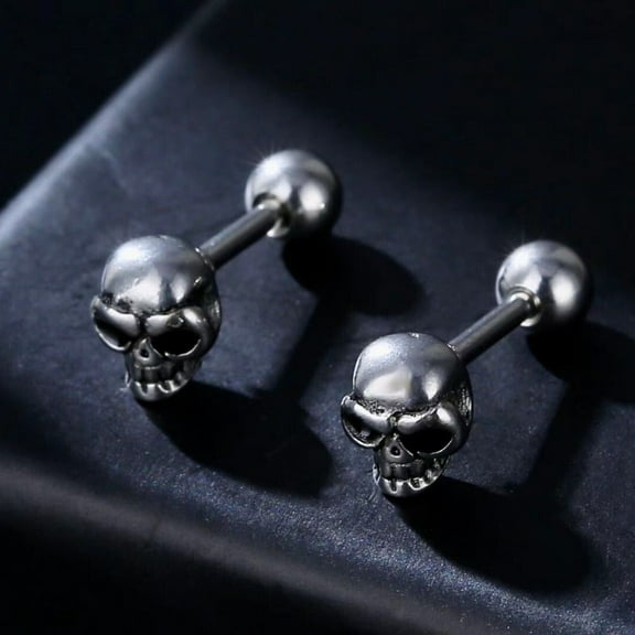 Silver Small Skull Stud Earrings, Men Unisex Stainless Steel Screw Back Stud Earrings