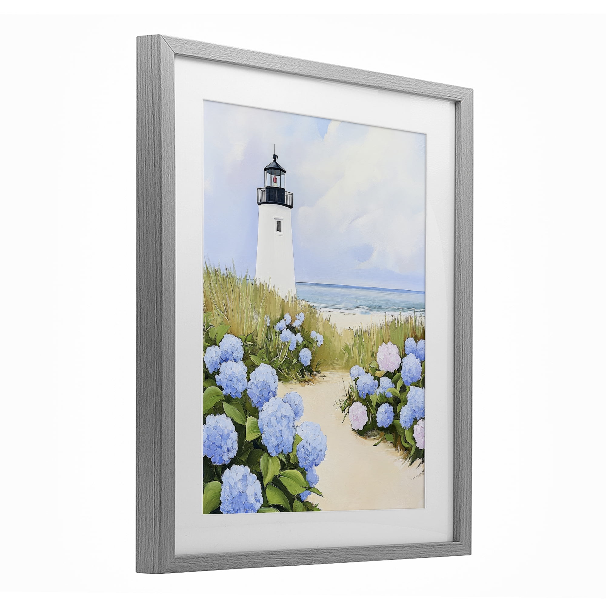 Stupell Industries Hydrangea Path Leading to Lighthouse Gray Framed Print Under Glass, design by Sisi and Seb