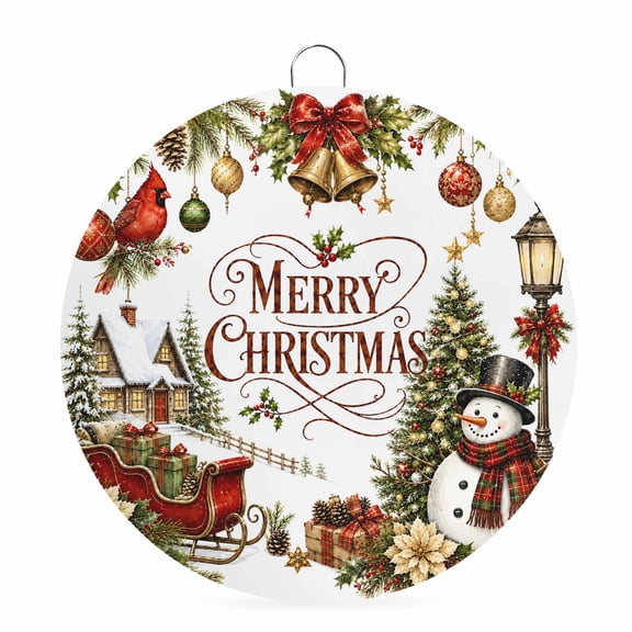 Welcome Sign for Front Door, Christmas Round Metal Wall Art Wreaths, Winter Snowman Farmhouse Cardinal Xmas Balls Outdoor Indoor Wall Hanging Sign for Porch Decor Housewarming Gifts 7.9 Inch
