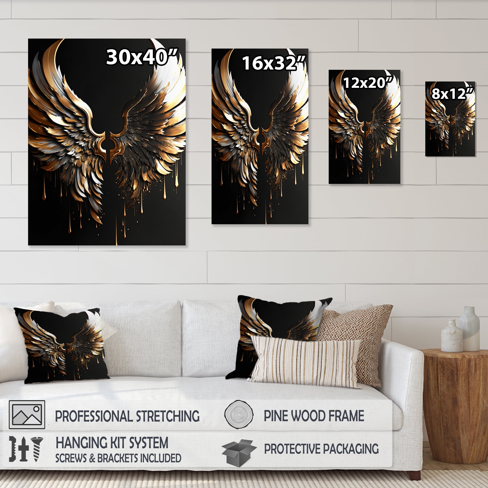 Designart Black Silver And Gold Angel Wings I Canvas Wall Art