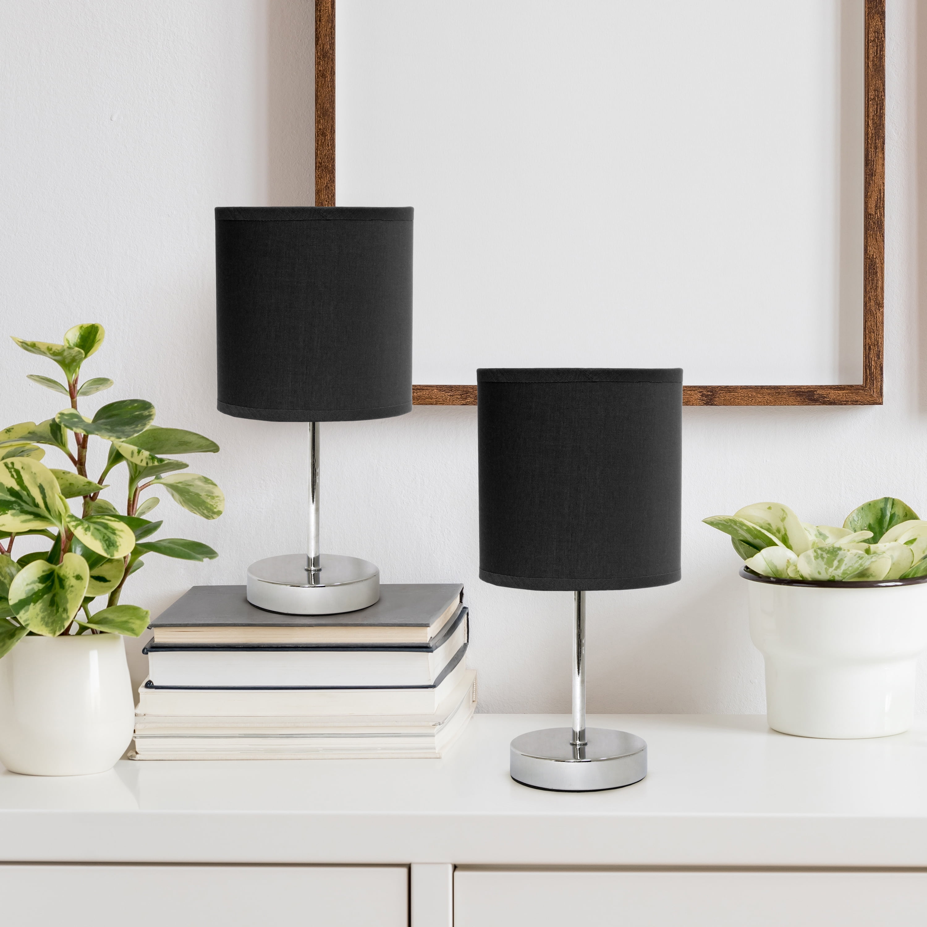 Creekwood Home 11.81" Chrome 2 Pack Petite Metal Stick Table Lamp Set, Black Shades