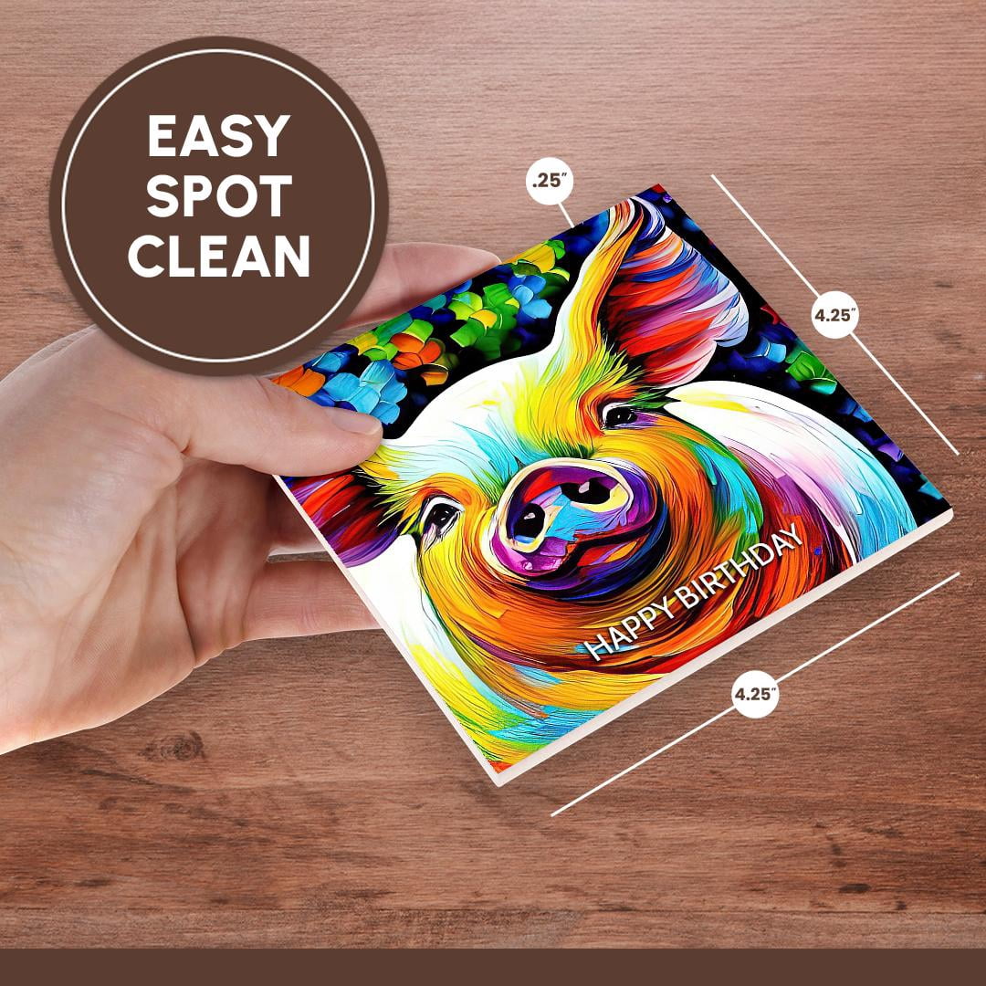 3drose, Happy Birthday. Stunning Pig Cool Digital Art. Funny Greeting Card, Set of 8 Ceramic Tile Coasters