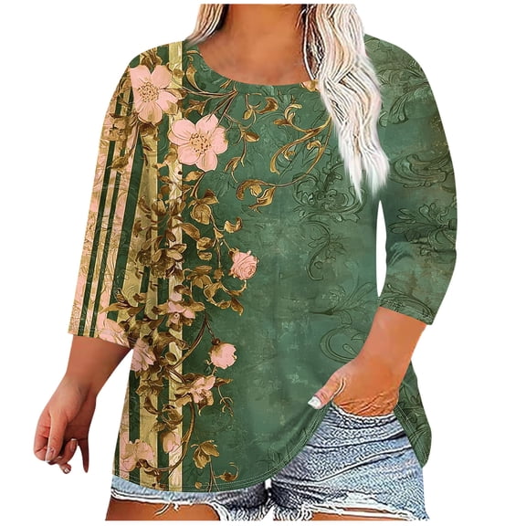 Jsaierl 3/4 Length Sleeve Plus Size Womens Tops Casual Crew Neck Shirts Fashion Print Petite Blouses Workout Vacation T-shirts Top L-5XL